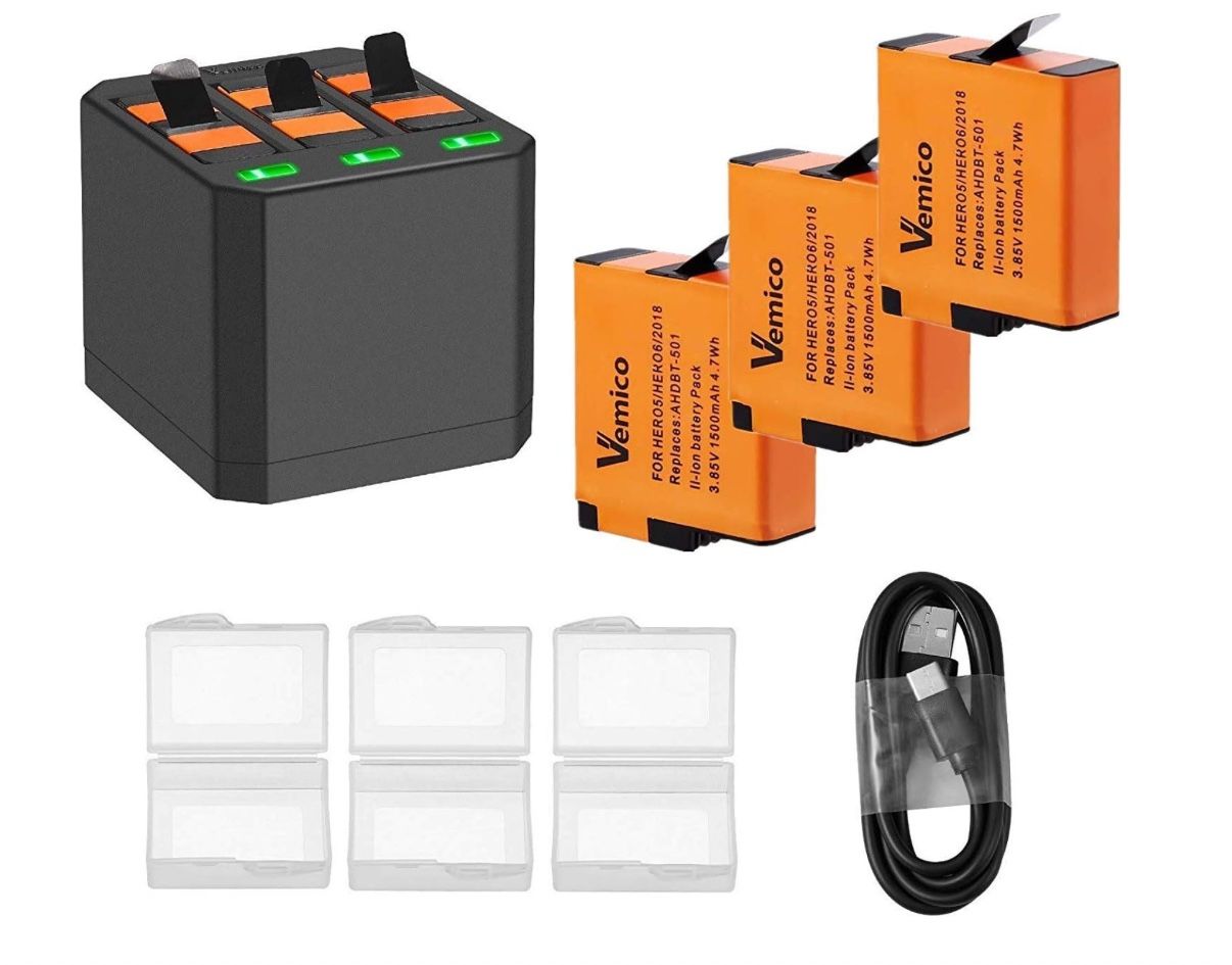 Vemico 3-Pack 1500mAh GoPro Hero 7/6/5 Batteries & 3-Channel Type-C Charger - Boost Your Camera's Power!