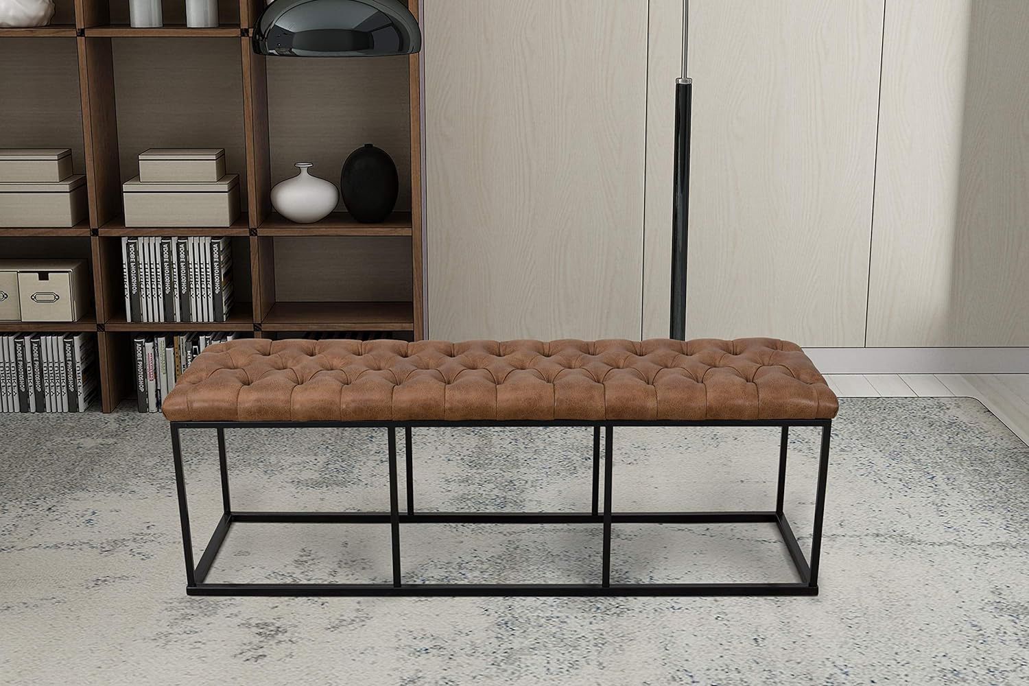 Tufted Brown Leather Bench