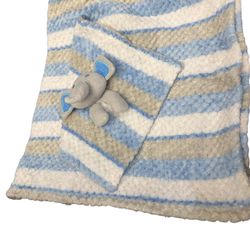 Plush Striped Blue & Gray Baby Blanket with Elephant Blankly