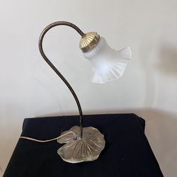Vintage Lily Pad Brass Table Lamp With Glass Shade