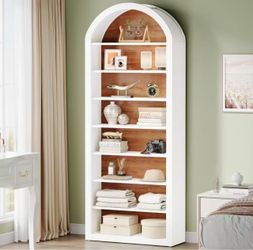 J0289 78.7" Tall Arched Bookshelf, Modern White Arched Bookcase with Storage Shelves, 8-Tier Floor Standing Wood Open Display Shelving Unit for Living