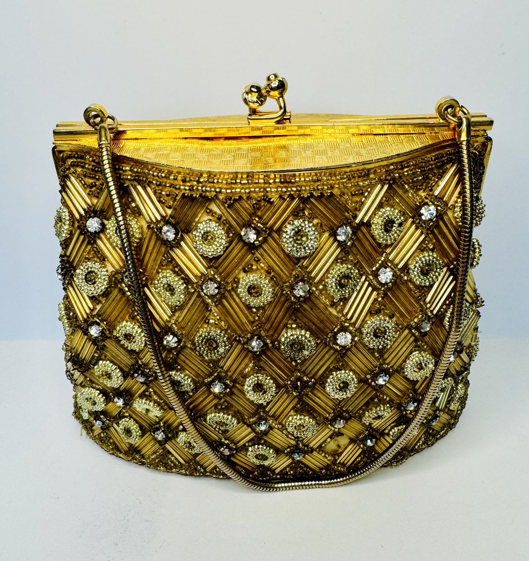 Vintage Gold Beaded Handbag Clutch Evening Purse Made In Hong Kong Hand Made