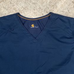 carhartt navy blue vneck size Large scrub top 5 pocket mesh stretch EC