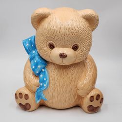 Vintage Brown Ceramic Teddy Bear Cookie Jar With Polka Dot Accent
