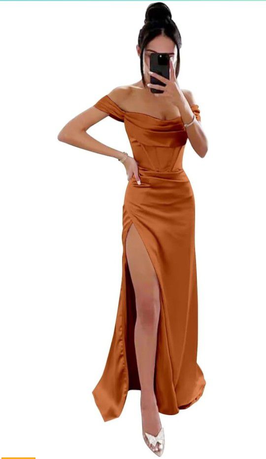 Burnt Orange. Off Shoulder, Satin, Corset Formal Dresses With Side Slit - Size 12