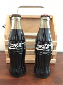 Set of Two Vintage 1986 Coca Cola Unopened Bottles with Wooden Carry Six Pack Holder