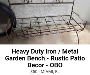 Heavy Duty Iron / Metal Garden Bench - Rustic Patio Decor - OBO