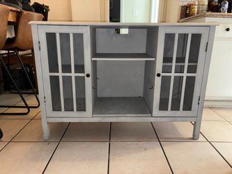 Gray Wood TV Stand with Glass Panel Doors