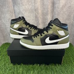 Authentic Jordan 1 Mid "Black/White/Olive"