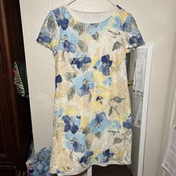 Perceptions Floral Laced Yellow, Blue Short Sleeve Dress Size Small
