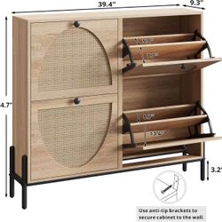 🥨IRONCK Rattan Shoe Cabinet Storage with 4 Flip Drawers, Freestanding Shoe Storage Organizer Cabinet for Entryway, Narrow Shoe Rack Cabinet, Oak