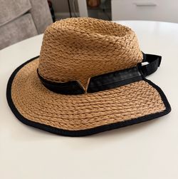 Vince Camuto Beige Braided Paper Wide Brim Sun Hat Black Ribbon Trim One Size