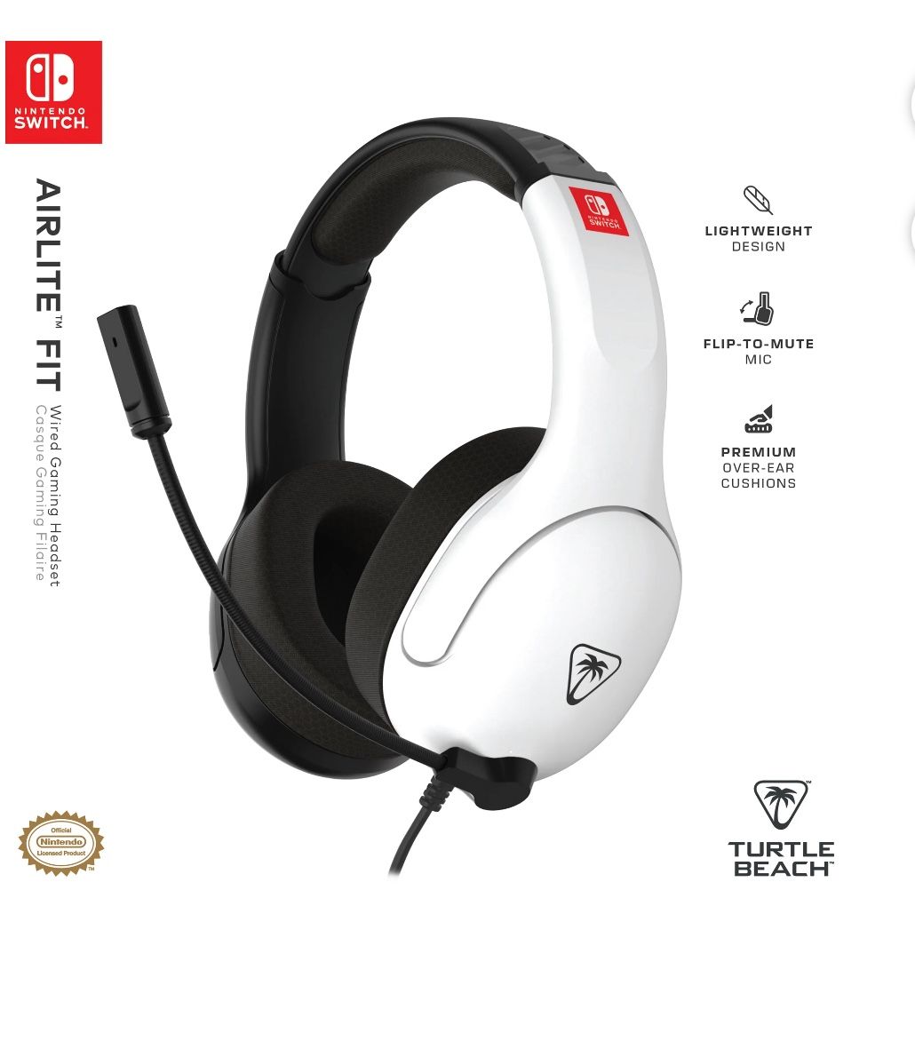 New Turtle Beach Airliteâ„¢ Fit Wired White and Black Gaming Headset Flip To Mute.