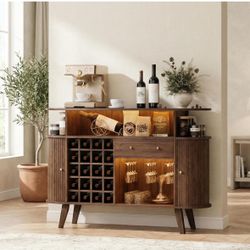Wine Bar Cabinet with LED Light, Mid Century Modern Liquor Cabinet– 20-Bottle Rack, Glass Holder & Drawer, Buffet Sideboard, Coffee Bar Cabinet (Walnu