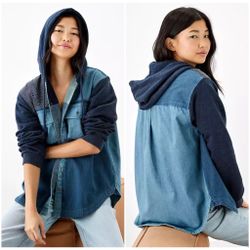 AE Oversized Patchwork Denim Hoodie Shirt Jacket