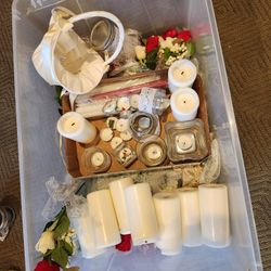 Wedding Silk Flowers,  Candles, Jars Etc.
