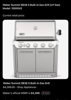 NEW Weber Summit SB38 S Built-In Gas Grill (LP) – Model 1500042