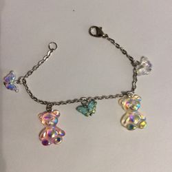Girls Handmade Fashionable Cute Whimsical Resin Dangle Bears and Butterflies Dangle 6.5 in Stainless Steel Charm Bracelet