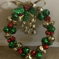 Beautiful red, green, and gold Jingle Bell Christmas wreath
