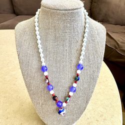 🟣 Pretty purple, faux pearl & millefiori beaded necklace with murano millefiori type charm pendant