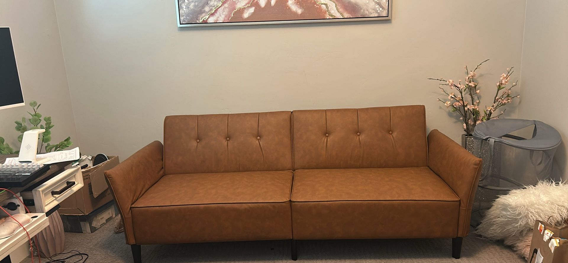 89” Futon Sofa Bed, Faux Leather Futon Couch Bed with 2 Square Pillows, Convertible Sleeper Sofa with Adjustable Backrest& Armrests