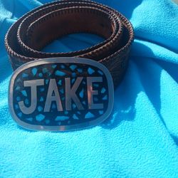 Sterling Silver Turquoise And Onyx Personalized JAKE belt Buckle And Leather Personlized JAKE belt
