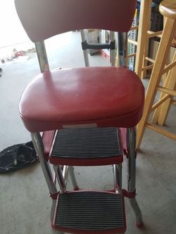Red Retro Step Stool Counter Chair Padded Vintage Style Kitchen Pantry Ladder