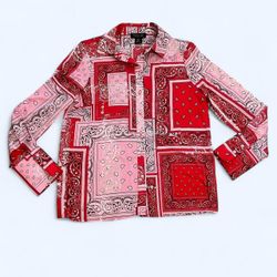 Rachel Zoe Women’s XS Pink Red Bandana Patchwork Satin Button Down Shirt Blouse Top