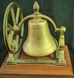 Vintage Solid Brass Bell with Hand Pulley Wheel - Wooden Base

