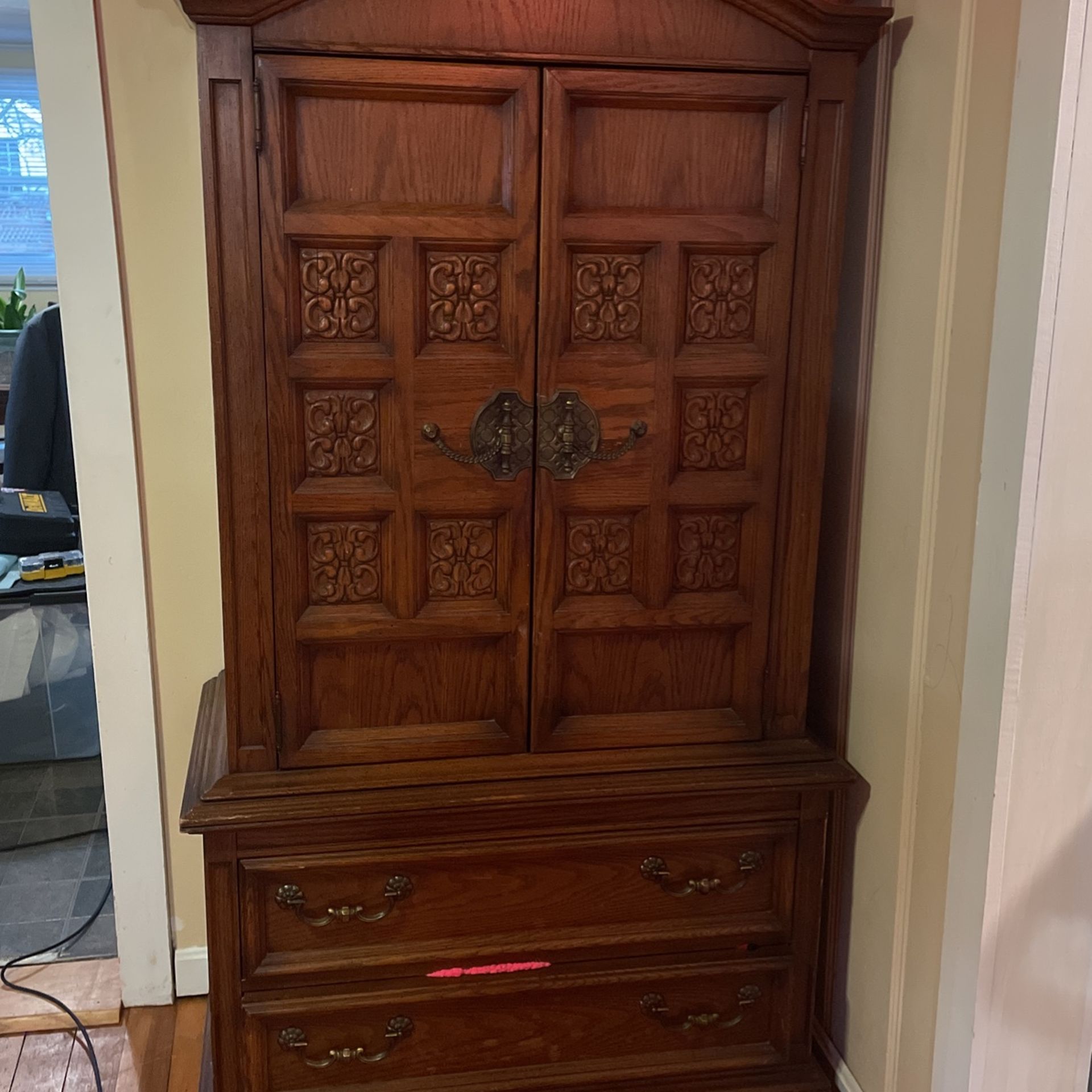 Hard Wood Solid Oak Armoir 69 1/2 L ,19 D ,40 W