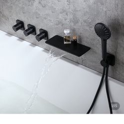 	Modern Stylish Wall-Mount Waterfall Bathtub Faucet With Hand Shower In Matte Black Solid Brass Sh 48