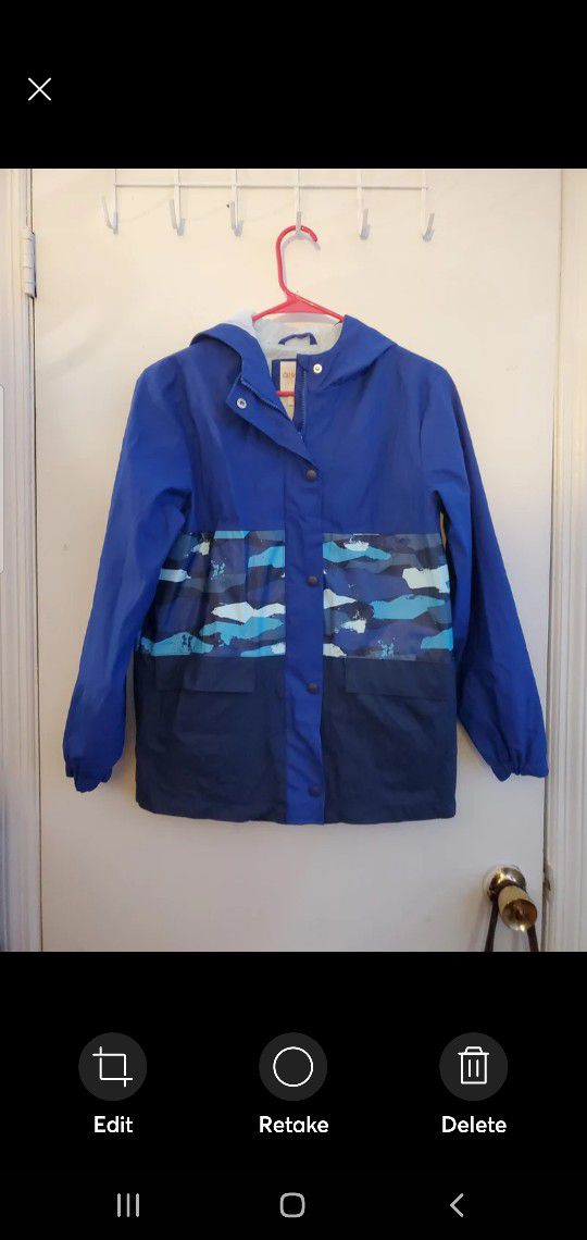 Cat & Jack Boys Rain Jacket Blue Wind Water Resistant, Zip & Snap, Size L