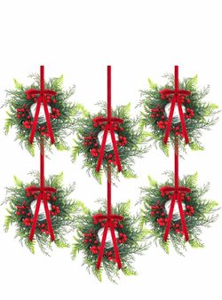 Suncalla 6 Pcs 11 Inch Mini Christmas Cabinet Wreath for Kitchen Christmas Berry Hanging Cabinet Wreath Decor with Red Bow Artificial Pine Candle Ring