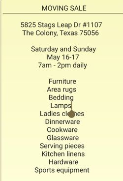 Moving Sale, Sat and Sun, May 16-17, 7am-2pm