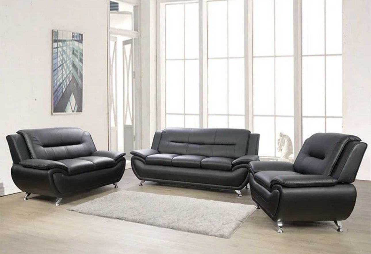 Modern Style Black Leather Three Piece Couch Set