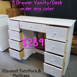 New White 9 Drawer Vanity Desk With Diamond 💎 Knobs Available In Other Colors Come Visit Our Store In Paramount 