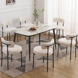 Boucle Dining Chairs Set of 6, Mid Century Modern Dining Room Chairs with 3.94“ Cushions, Round Upholstered Kitchen Chairs with White Met