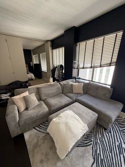 Gray Corduroy Sectional Sofa with Ottoman