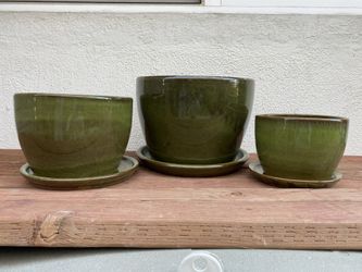 Round Green Glazed Ceramic Pot Planter With Saucer Set Of 3