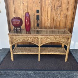 Rattan/Bamboo Glass-Top Table