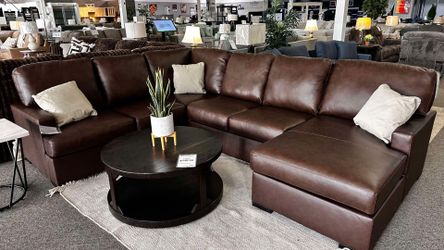 Brown leather mcdowlan sectional couch set Fast Delivery Only $39 down payment 👉 Please ask Jon Green for a discount when you arrive!