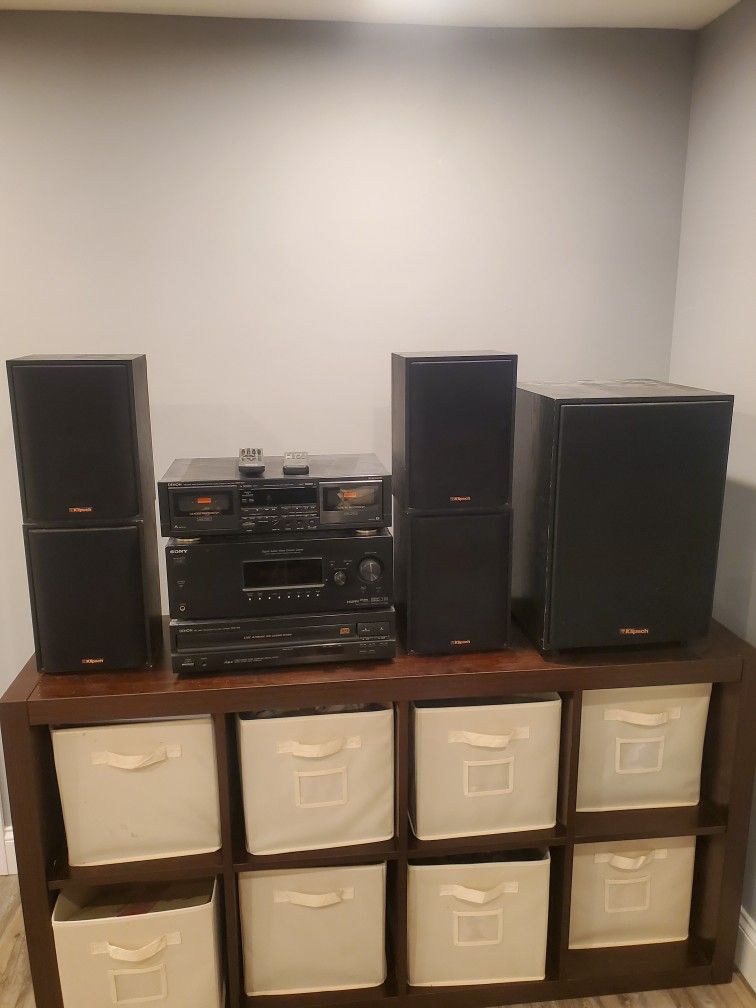  4 Klipsch Box Speakers, 1 Klipsch Sub Woofer, Sony Receiver,  Denon dual Tape Deck and 5 cd Disc Player 