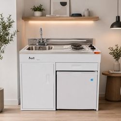 Avanti 36" Compact Kitchen with 2.2 Cu. Ft. Refrigerator, Two Electric Coil Burners, Stainless Steel Countertop & Sink, White (CK3616)