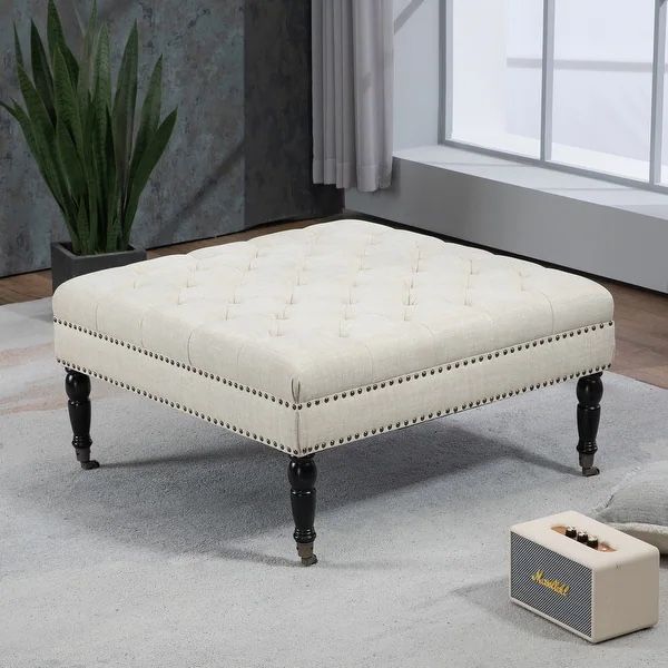 34-in Pleated Tufted Beige Cocktail Ottoman Caster Wheels
