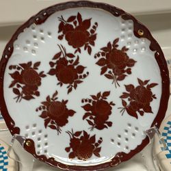 Vintage Japanese porcelain 8” plate  deep mahogany red Flowers Trimmed In Gold