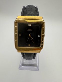 Vintage Orient Quartz D37916-40 Gold Tone Tank Watch Black Dial Date Japan Runs