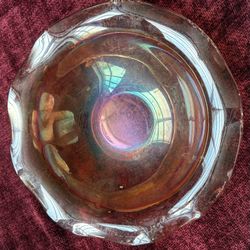 Large Antique Vtg Carnival Glass Bowl with Ruffled Rim Amber 9" Diameter
