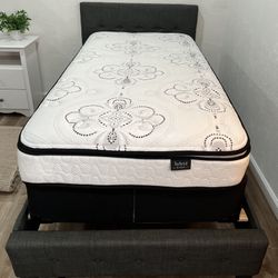 Twin Mattress + Twin Foundation + Twin Upholstered Frame Bed as a gift 