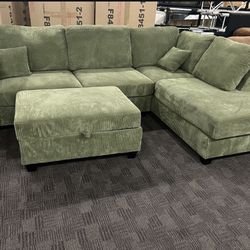 Sage Green Sectional W/ Storage Ottoman 