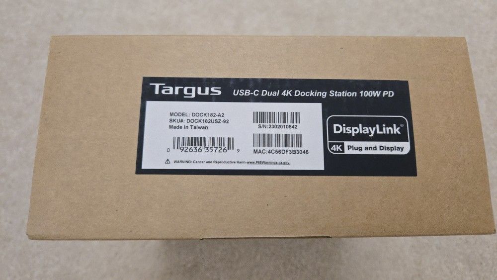 New Targus USB-C Dual 4K Docking Station 100W PD DOCK182-A2 DOCK182USZ-92 Type-C